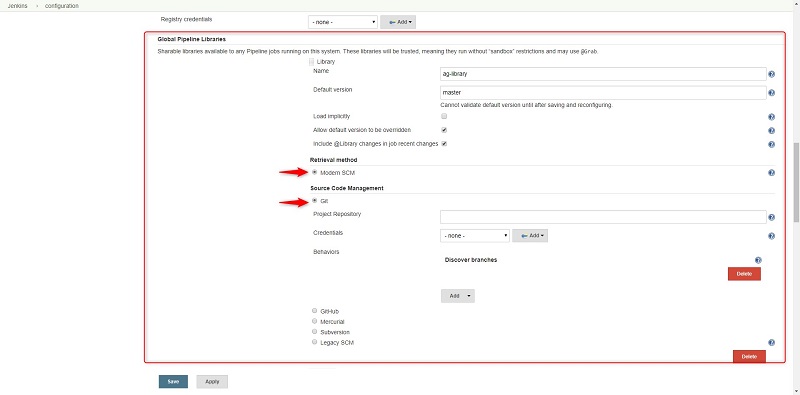 View of the pipeline configuration on Jenkins configuration page